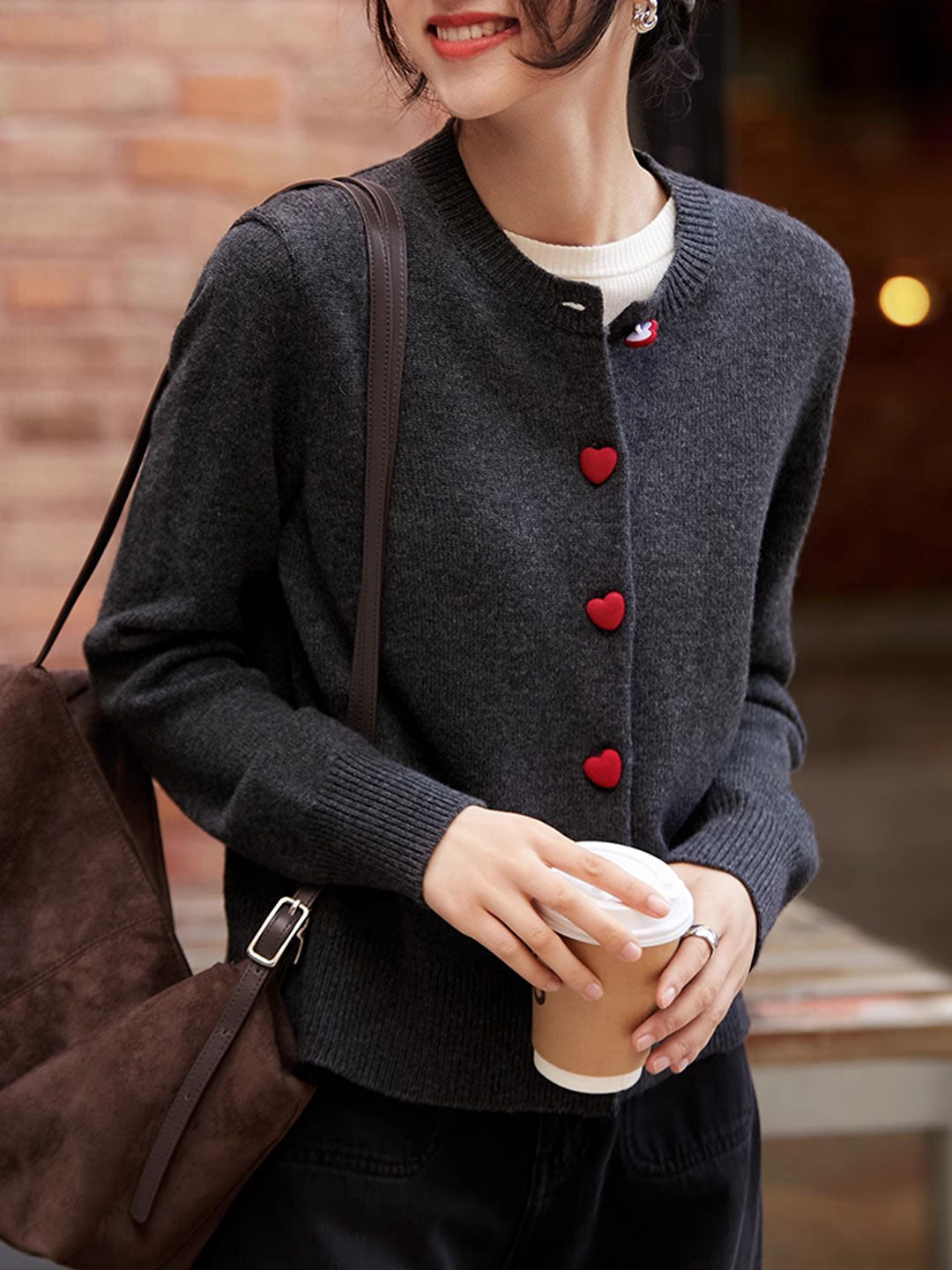 Raya Elegant Crew Neck Heart Button Knitted Cardigan-Pink