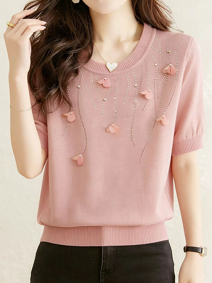 Maria Classic Crew Neck Rhinestone Flower Knitted Top