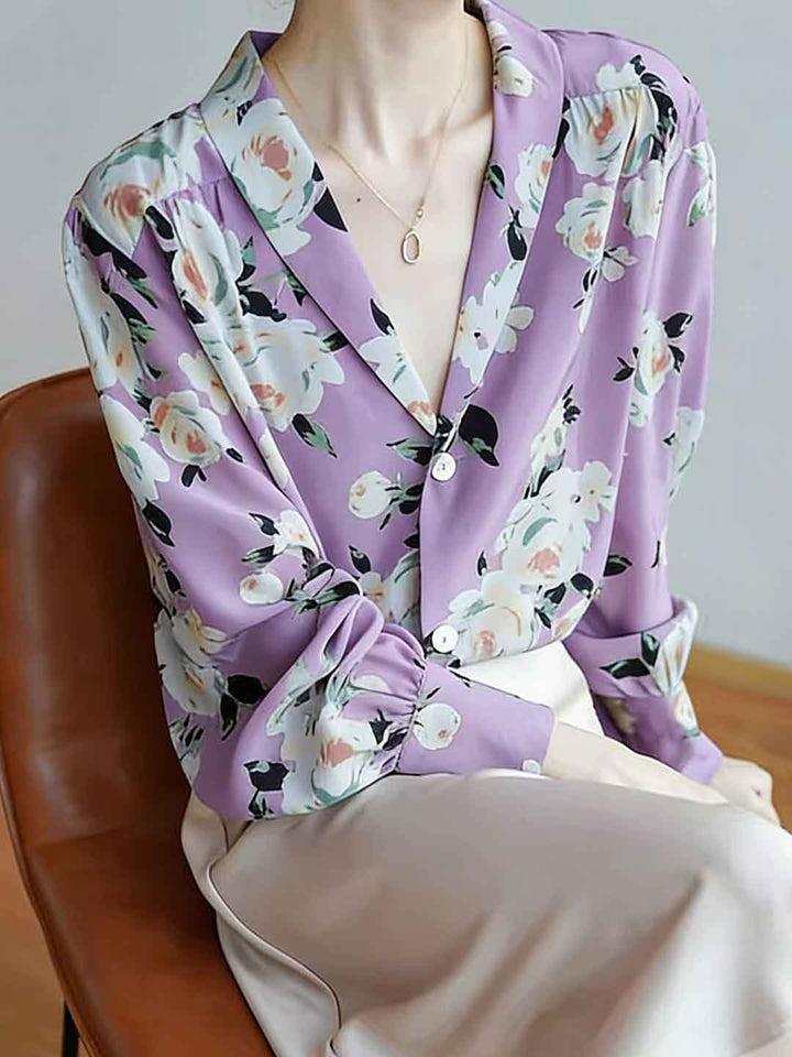 Isabella Spring V-Neck Printed Chiffon Shirt