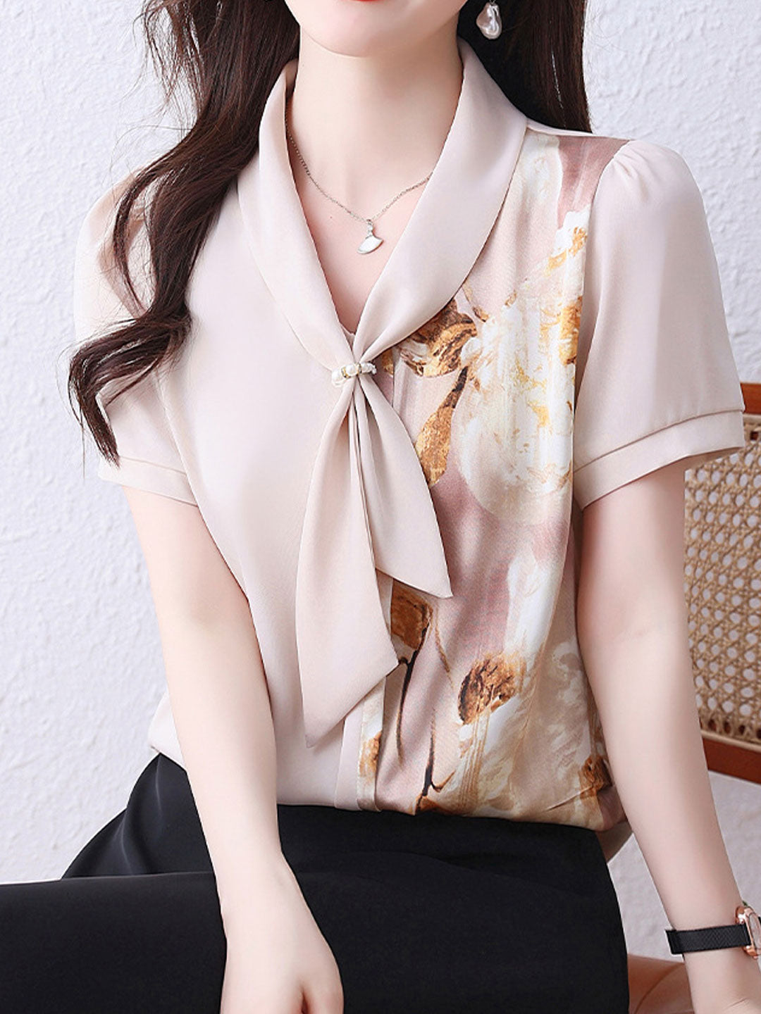 Sophia Daily Bow-Neck Printed Chiffon Top
