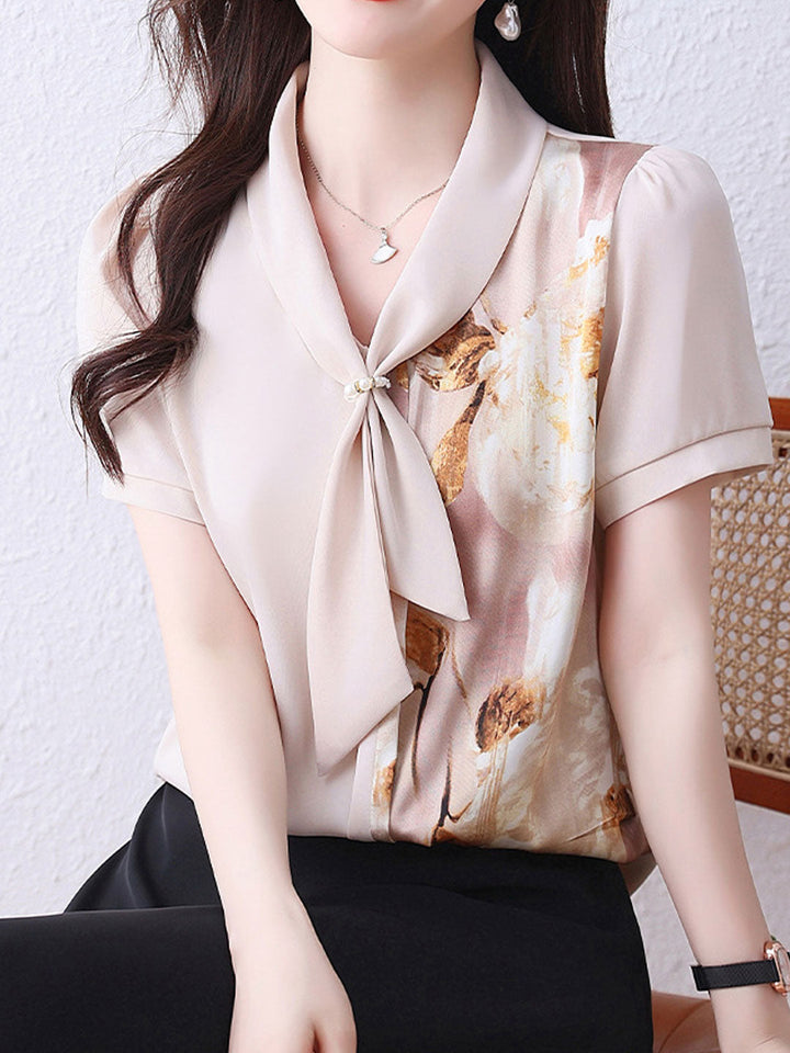 Sophia Daily Bow-Neck Printed Chiffon Top
