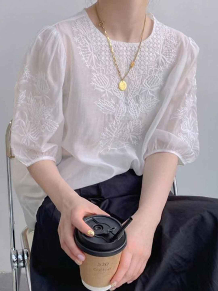 Ava Retro Crew Neck Puff Sleeve Embroidered Top