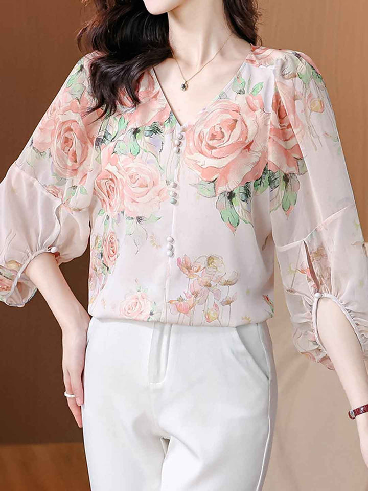 Caroline Loose V-Neck Lantern Sleeve Floral Chiffon Top
