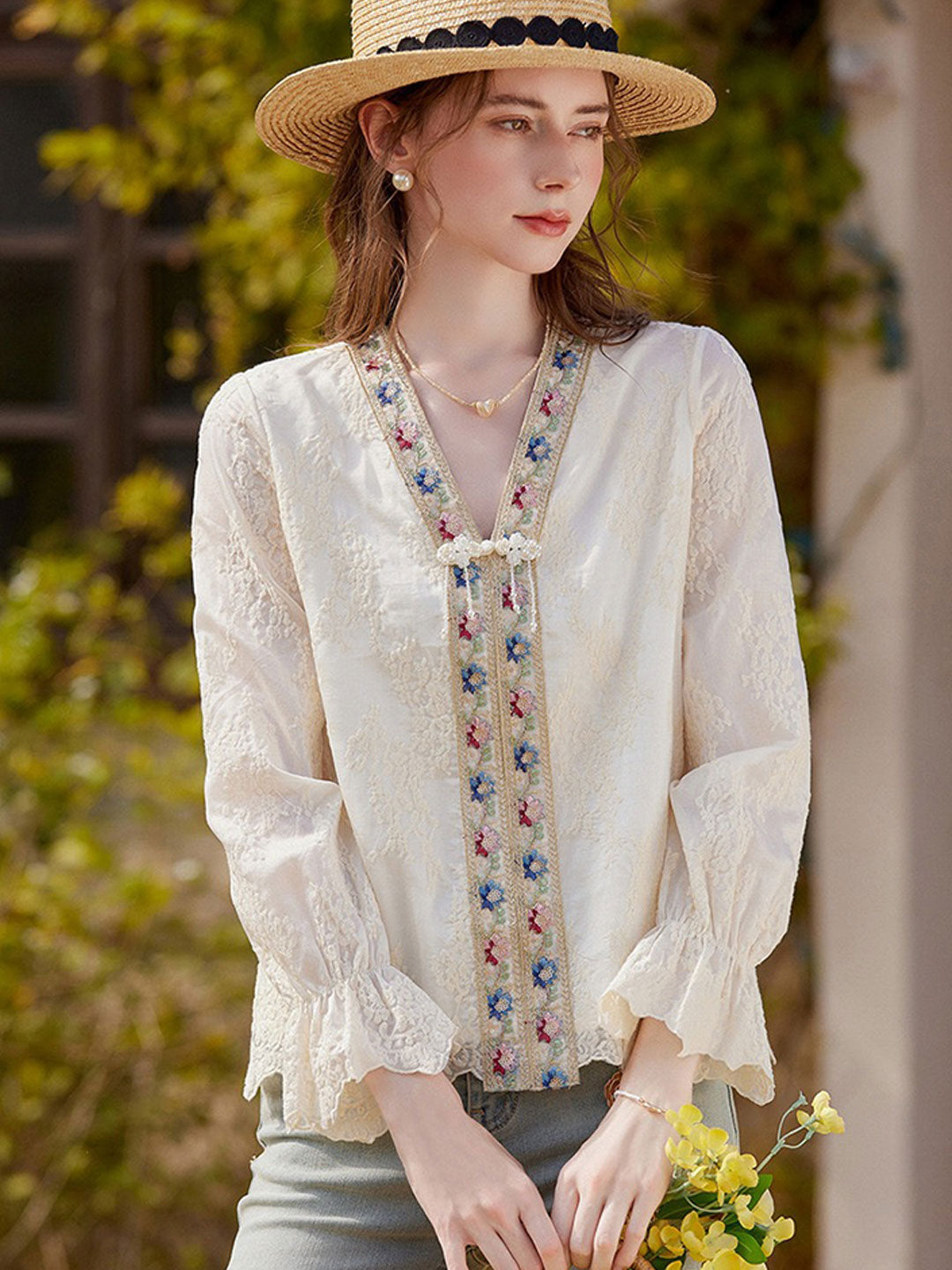 Sofia Retro V-Neck Color-Blocked Embroidered Shirt