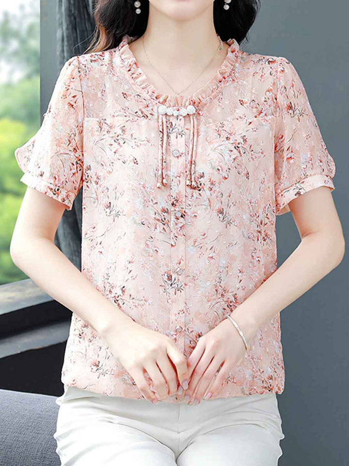 Aubrey Loose Crew Neck Floral Chiffon Blouse