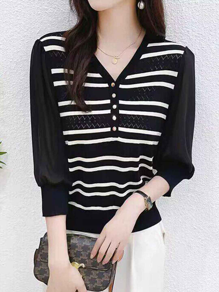 Avery Loose V-Neck Striped Chiffon Top