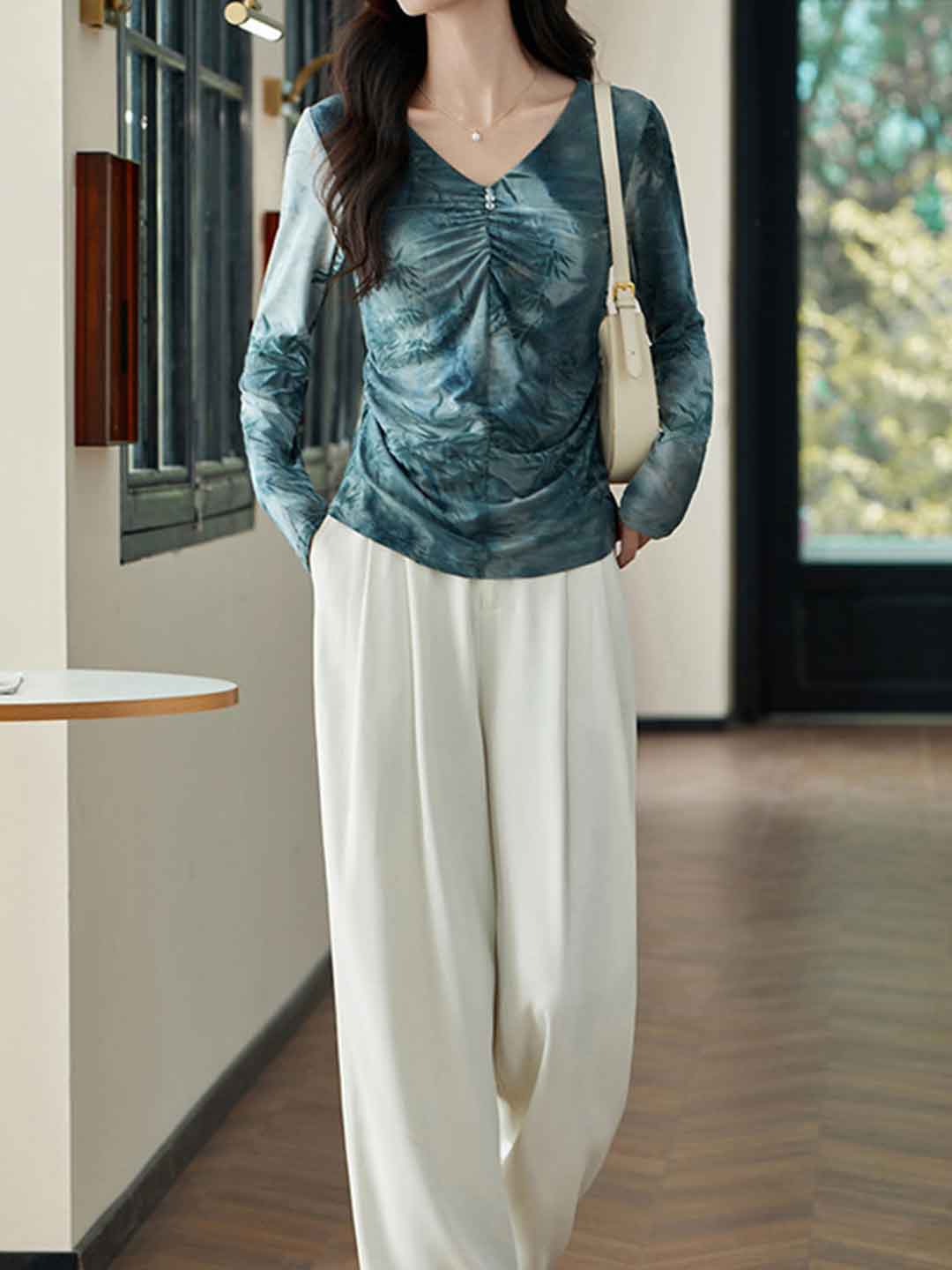 Alexis Classic V-Neck Printed Pleated Mesh Top