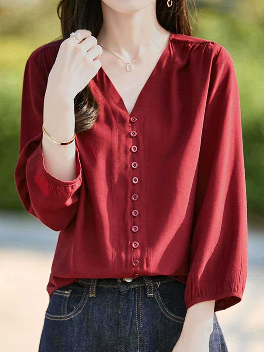 Bailey Classic V-Neck Solid Color Chiffon Shirt