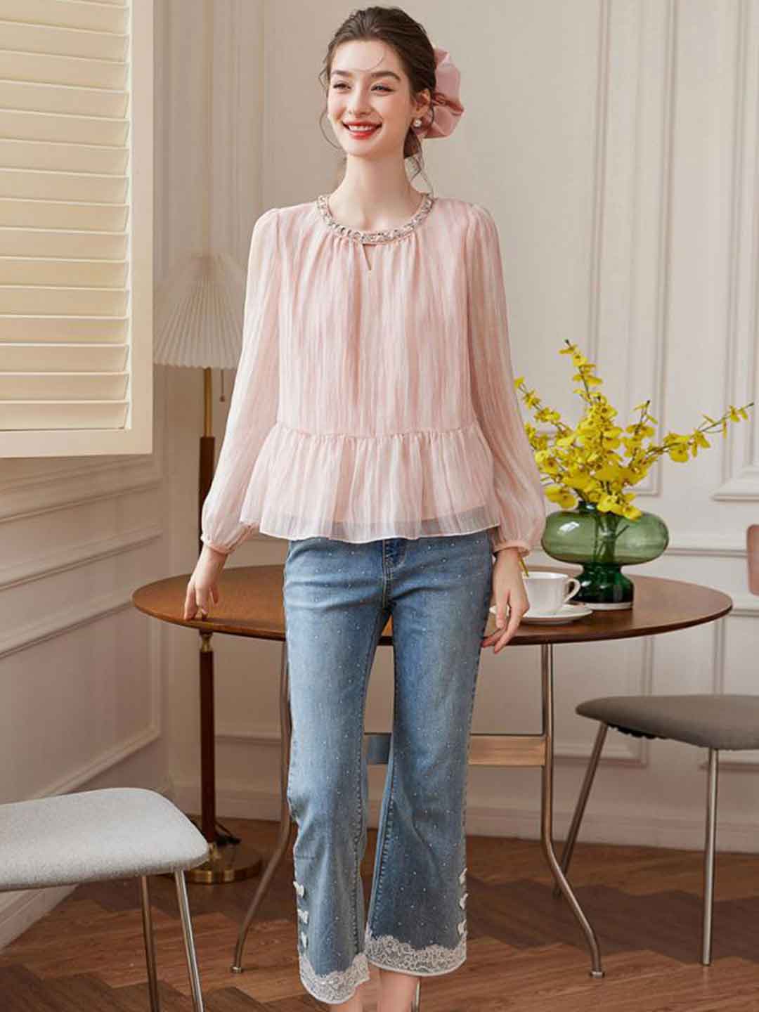 Kayla Retro Crew Neck Ruffled Textured Top