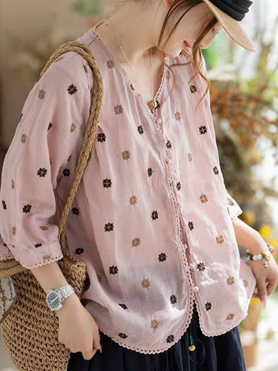 Alexis Loose V-Neck Embroidered Patchwork Blouse