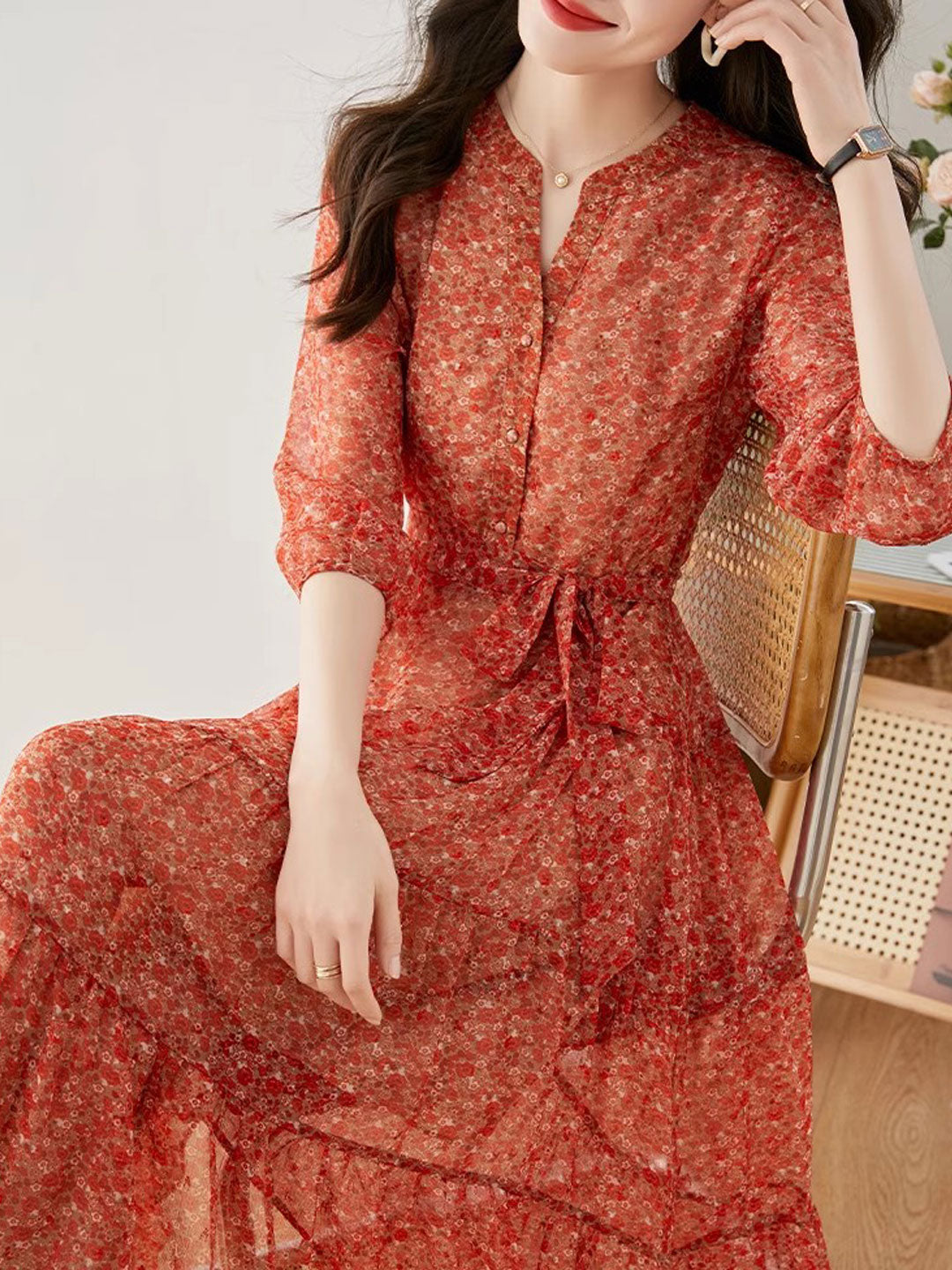 Alexis Vintage Ruffle Floral Chiffon Dress