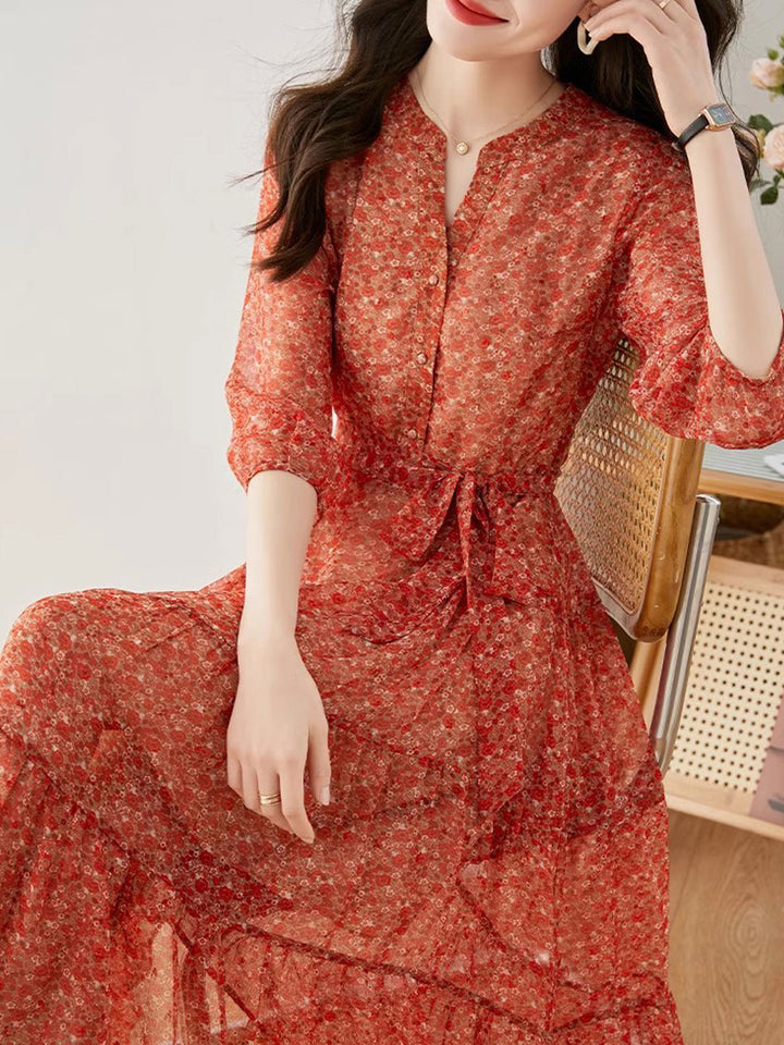 Alexis Vintage Ruffle Floral Chiffon Dress