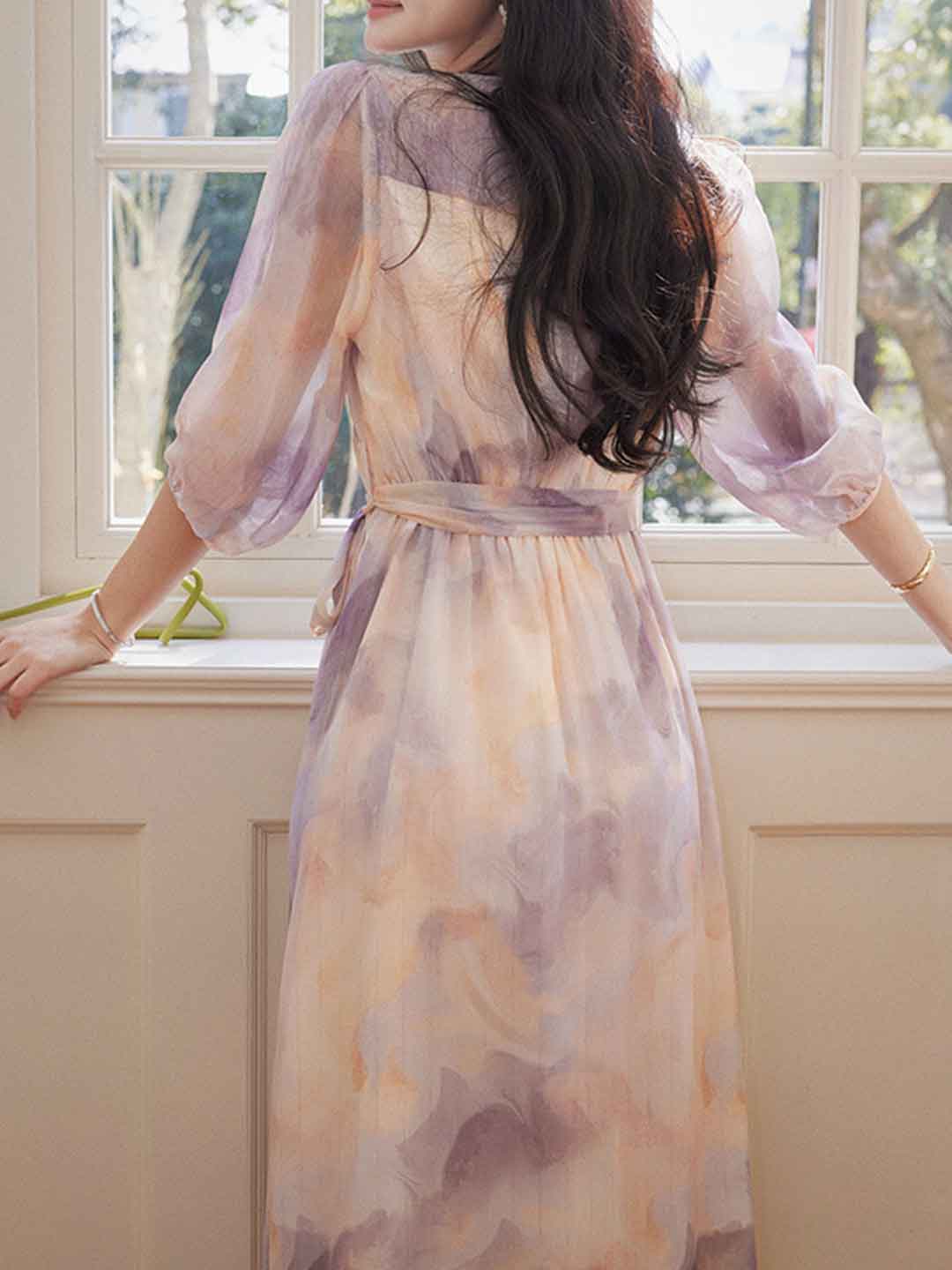Abigail Classic V-Neck Floral Printed Tie Dress