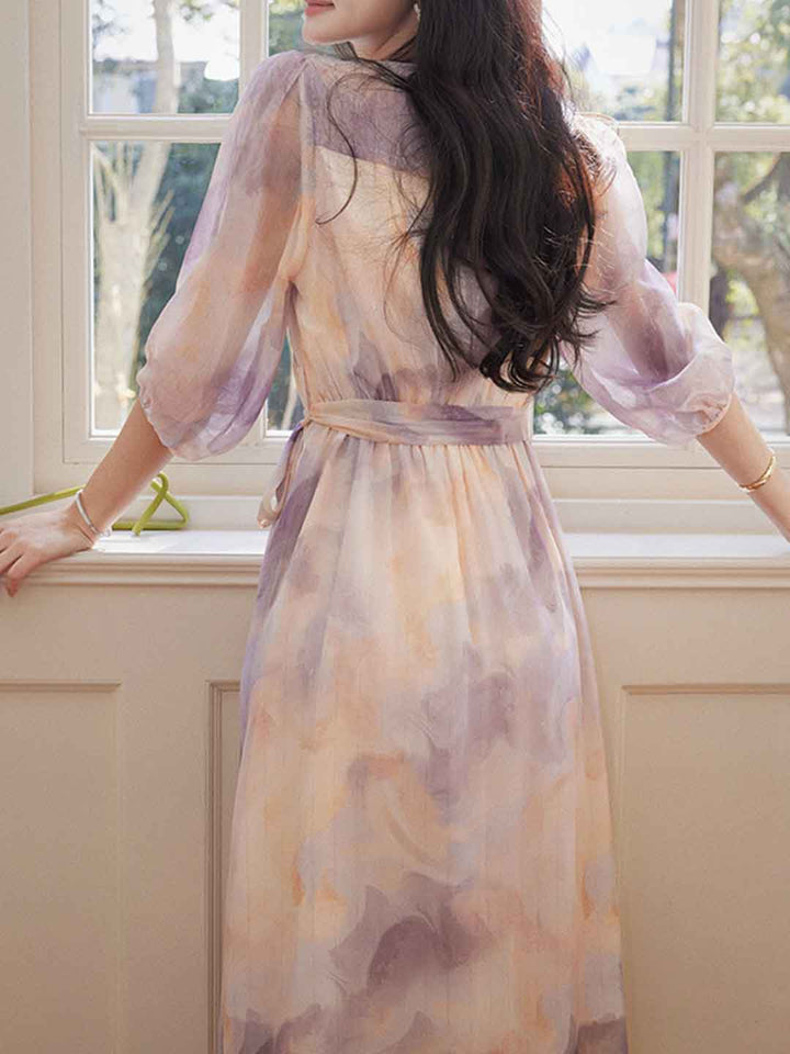 Abigail Classic V-Neck Floral Printed Tie Dress