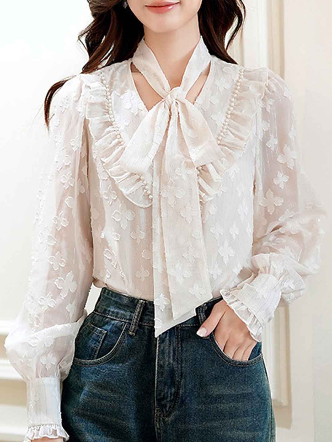 Lily Retro Tie Bow Lantern Sleeve Ruffle Chiffon Top