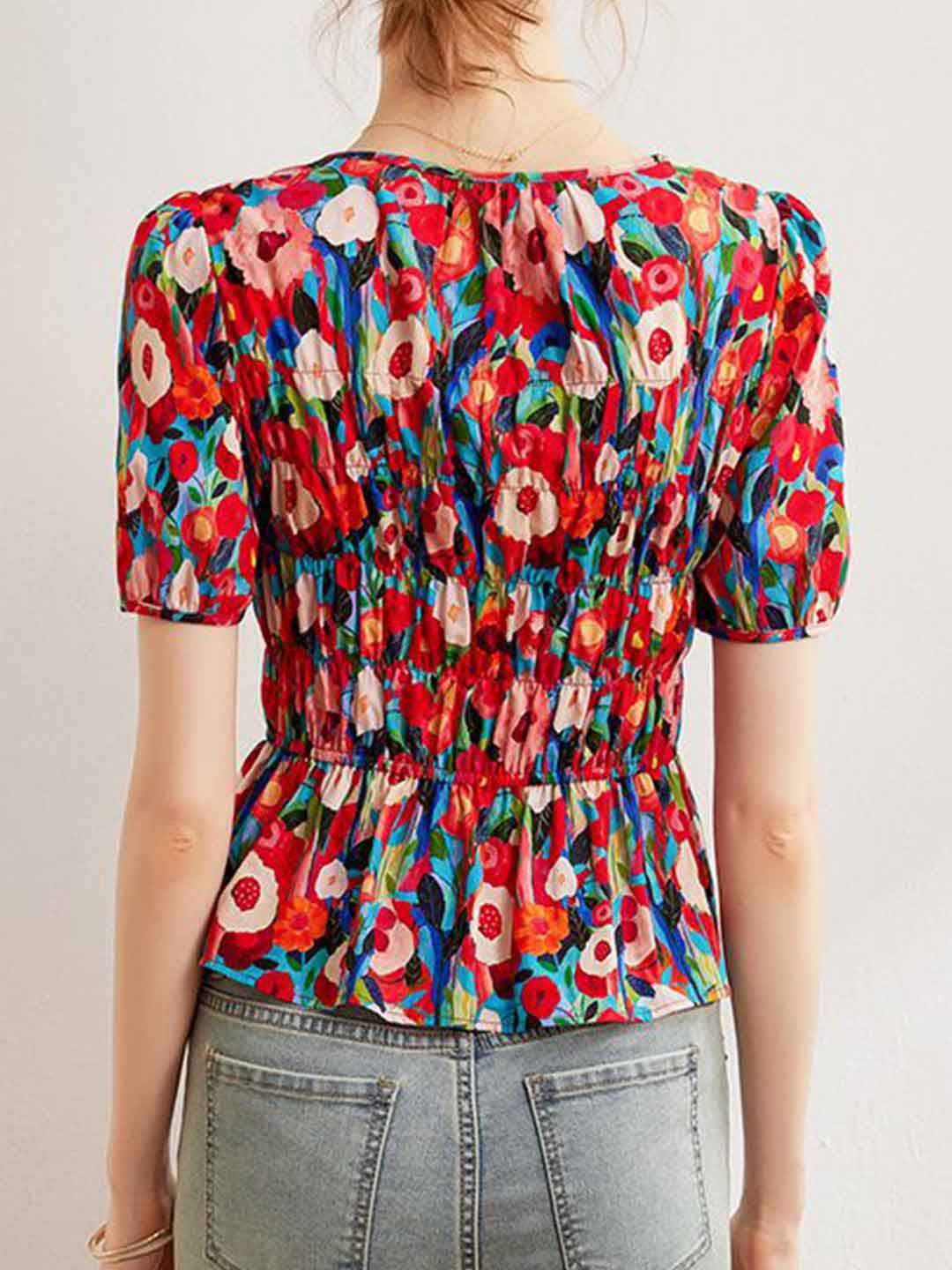 Ava Vacation Crew Neck Puff Sleeve Floral Printed Top