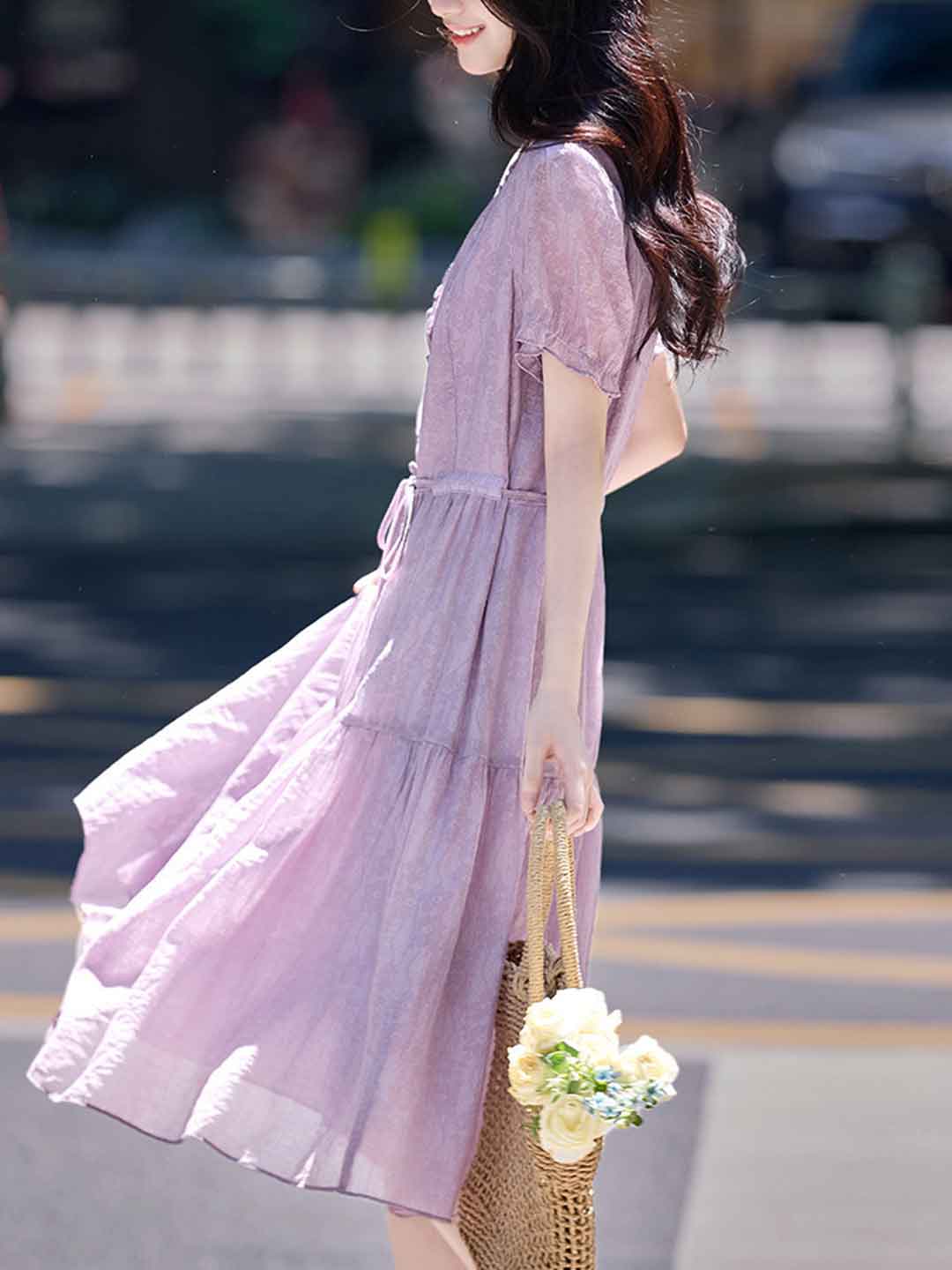 Sydney Vacation V-Neck Pleated Printed Dress