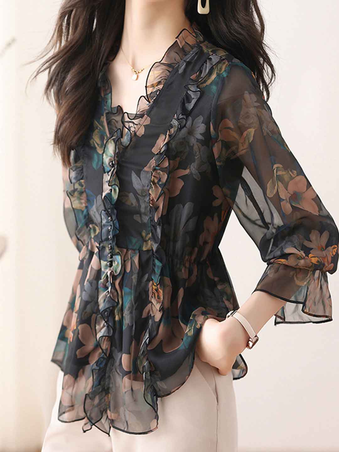 Taylor Daily V-Neck Ruffled Floral Chiffon Blouse