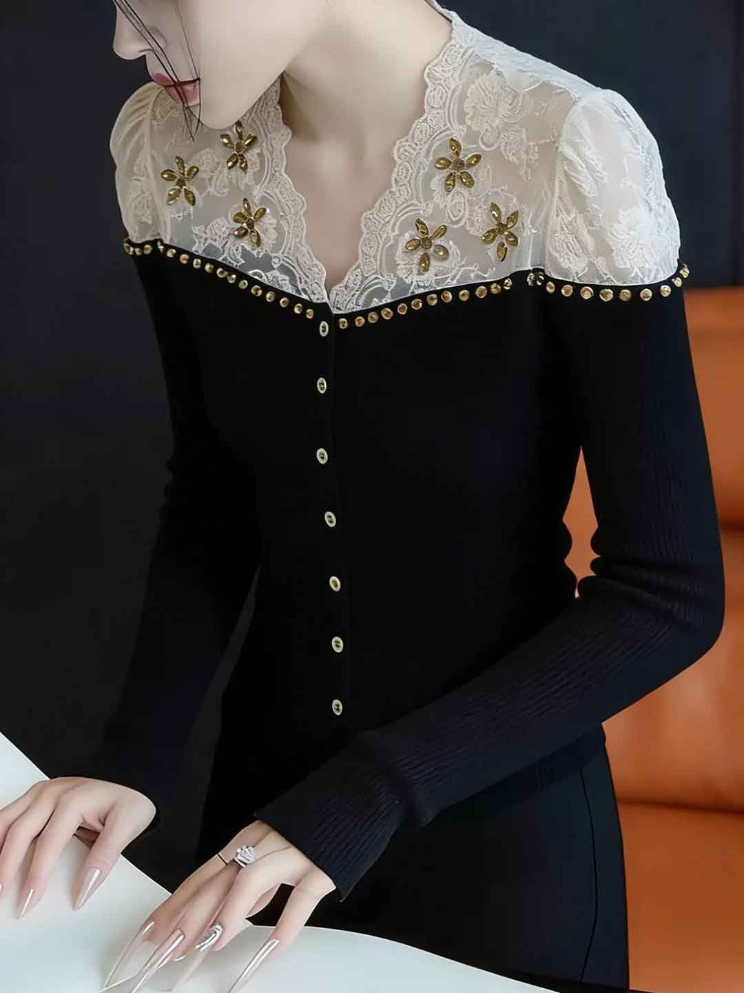 Arianna Slim V-Neck Rhinestone Lace Top