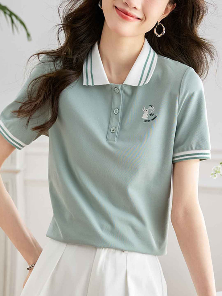 Claire Casual Polo Collar Solid Color Embroidered Top