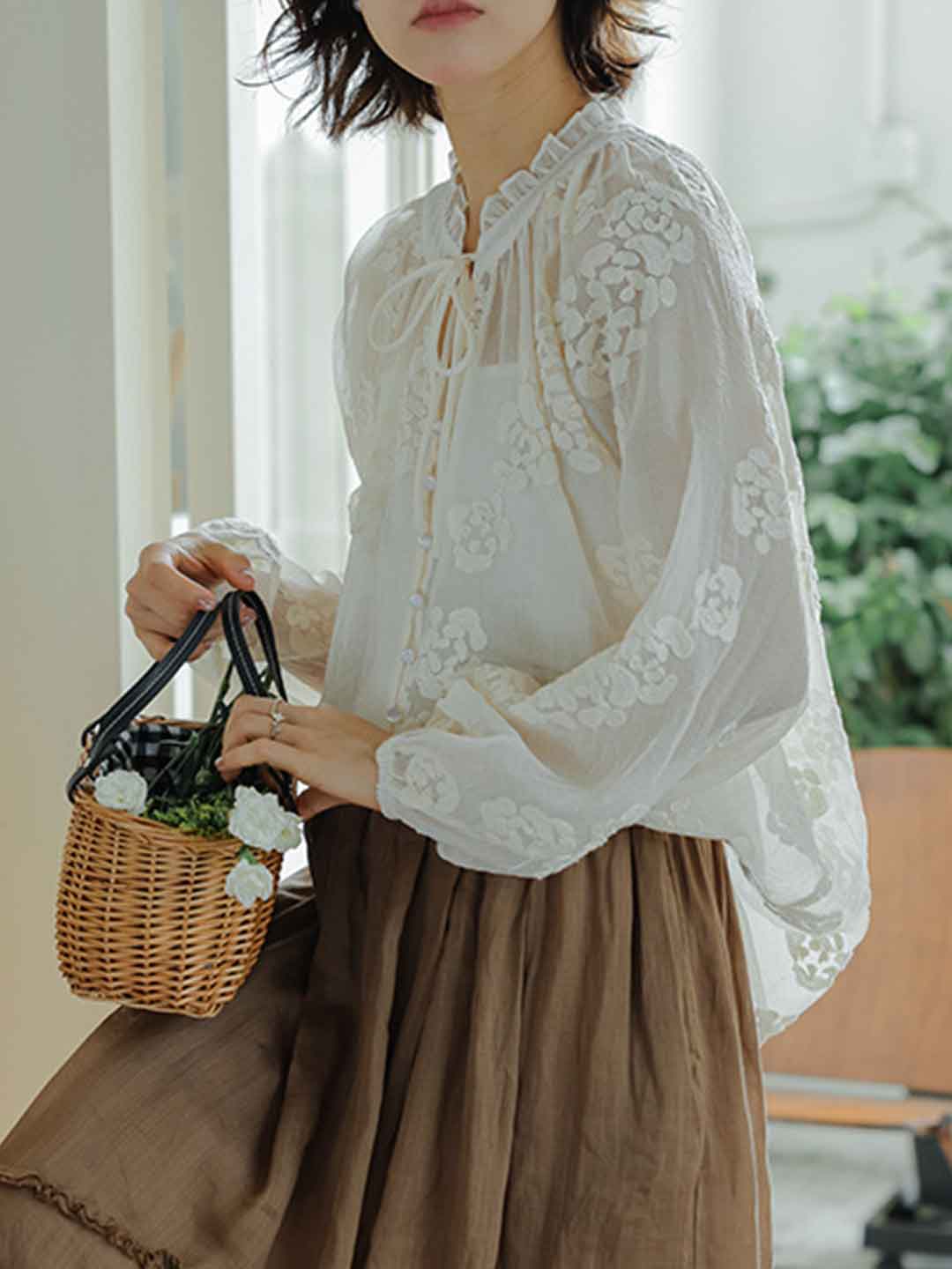 Maria Classic Crew Neck Hollowed Embroidered Lace Shirt