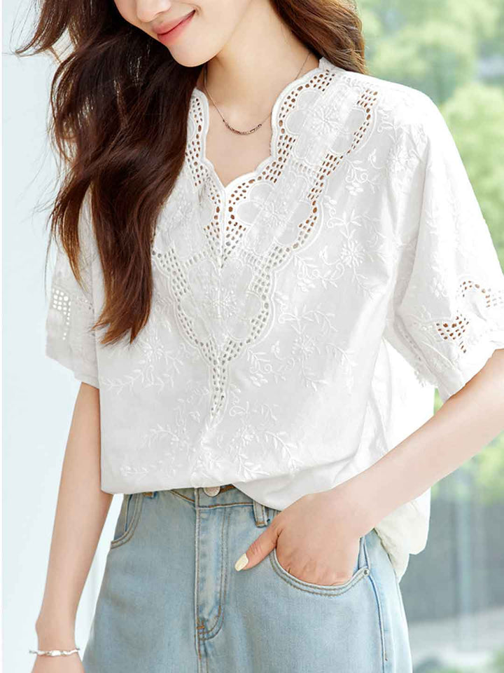 Eva Classic V-Neck Embroidered Hollowed Top