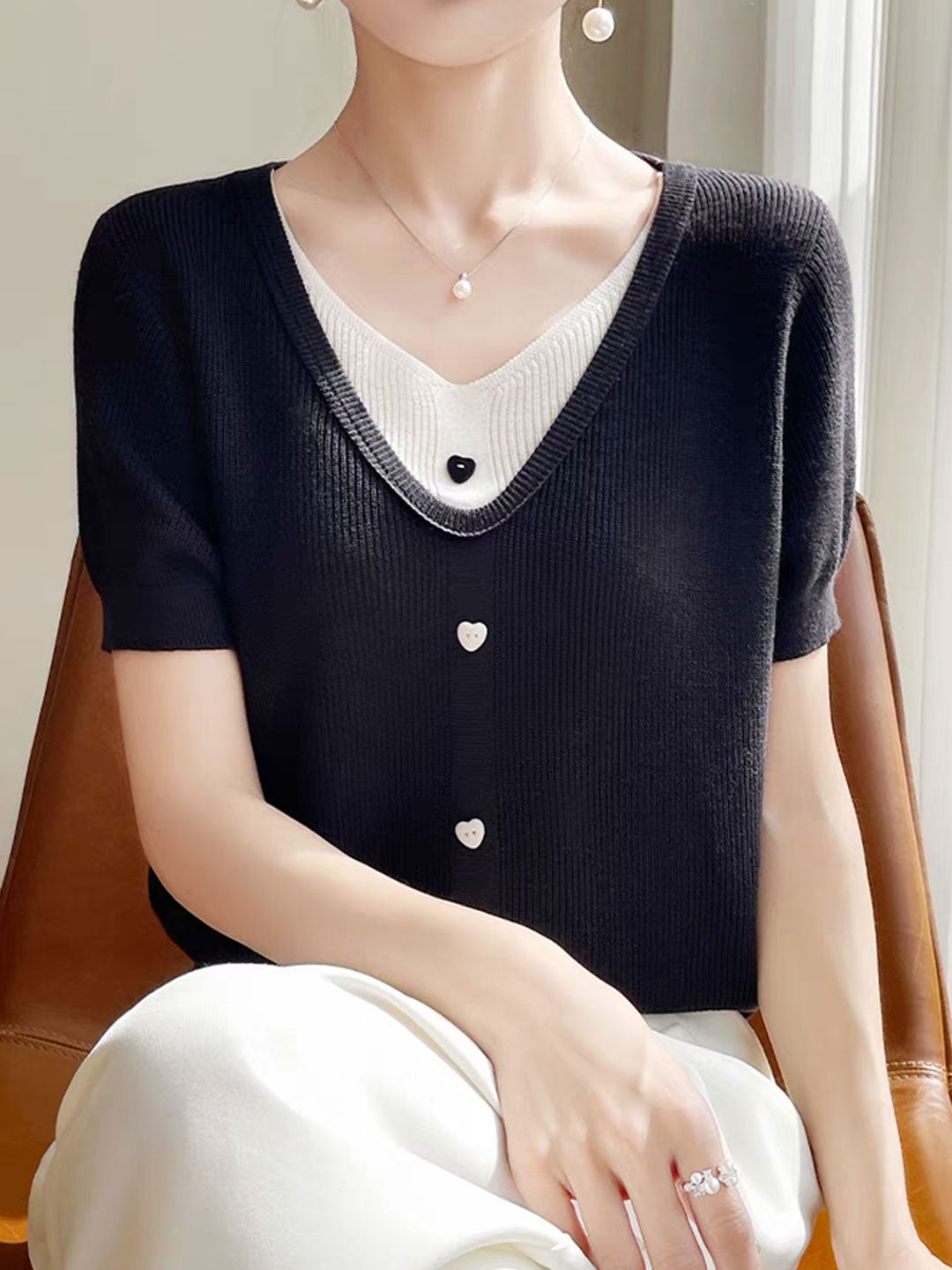 Angelina Casual V-neck Patchwork Knitted Top