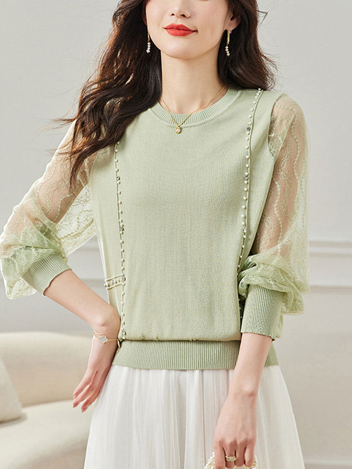 Julia Classic Crew Neck Beaded Lace Slik Knitted Top