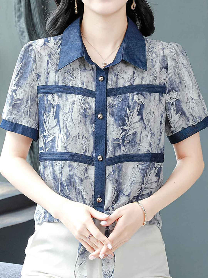 Sophie Classic Polo Printed Denim Chiffon Shirt
