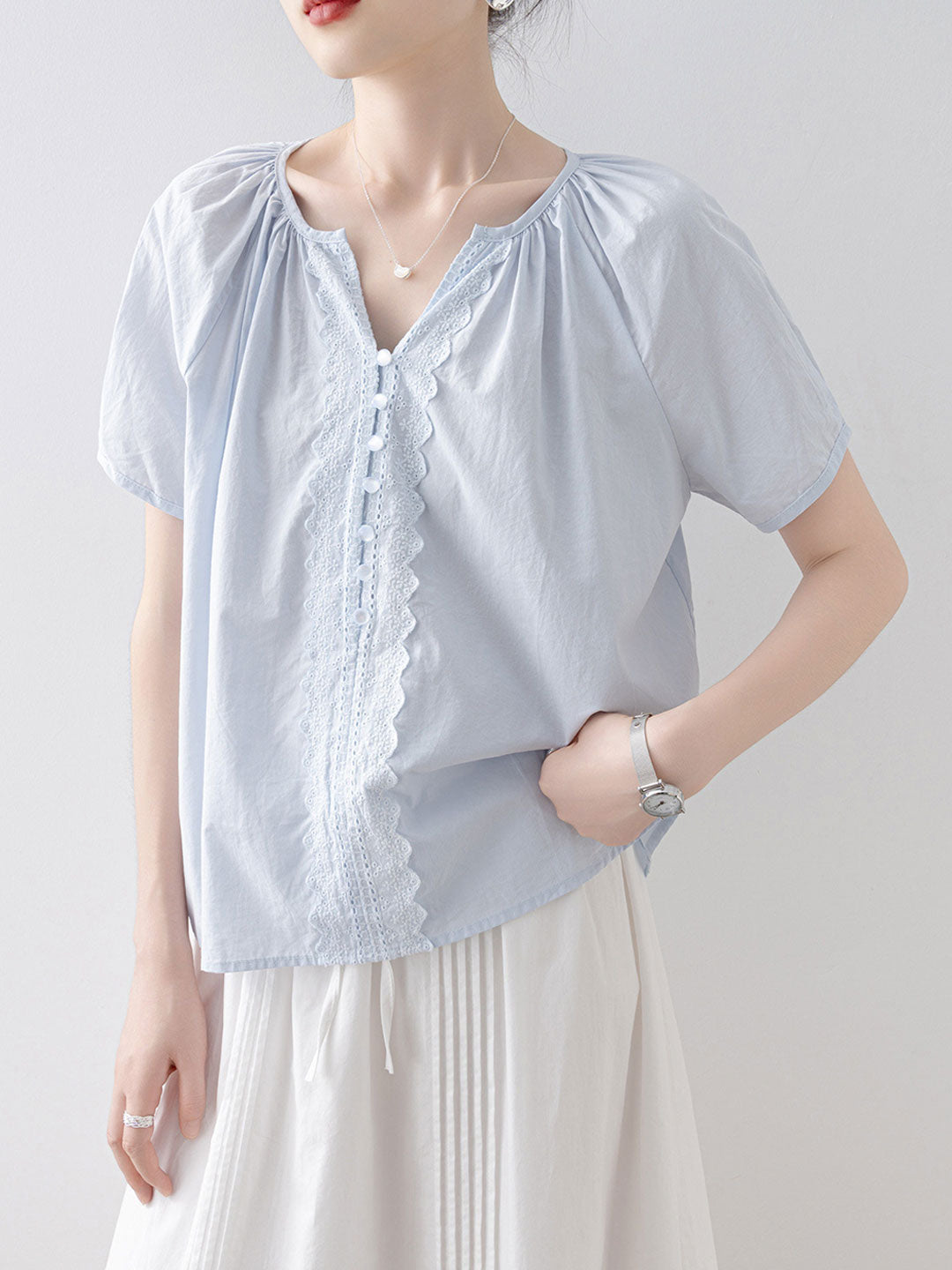 Leah Loose V-Neck Puff Sleeve Lace Blouse