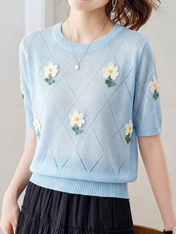 Emily Classic Crew Neck Hollowed Embroidered Knitted Top