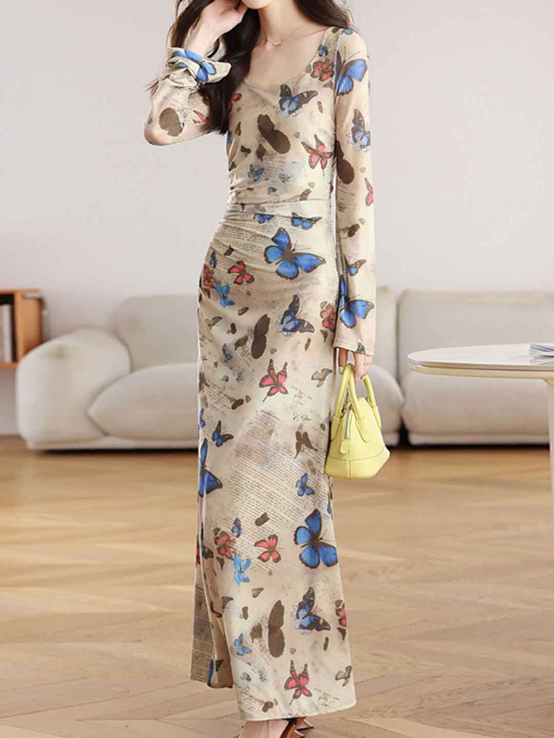 Addison Slim U-neck Butterfly Printed Pleated Dress