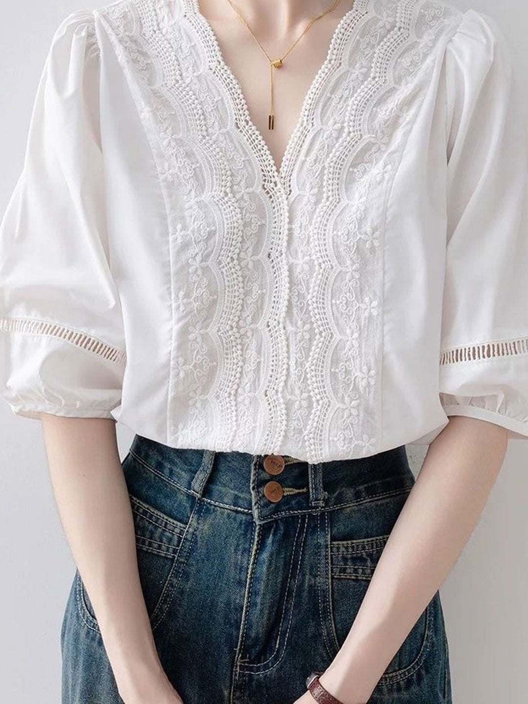 Sofia Vintage V-Neck Lace Patchwork Top