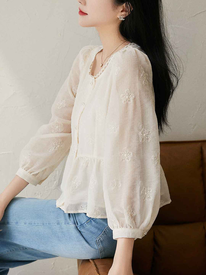 Sophie Elegant Square Neck Lace Embroidered Top