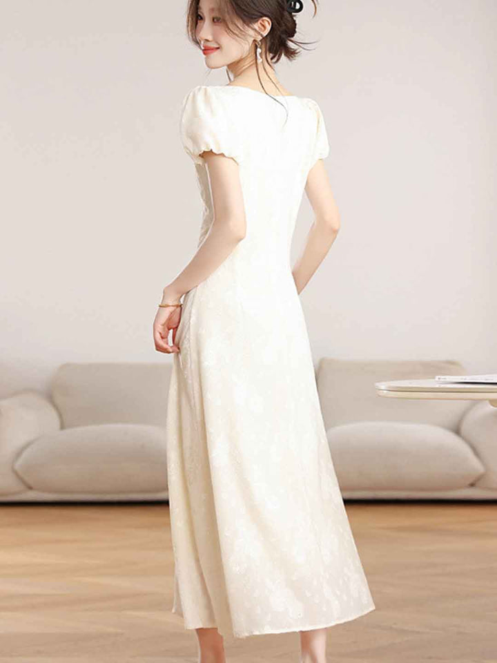 Chloe Elegant Crew Neck Puff Sleeve Jacquard Dress