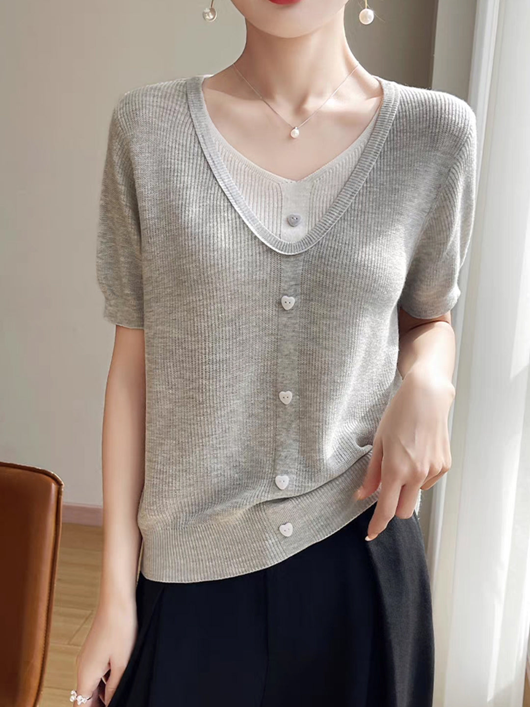 Angelina Casual V-neck Patchwork Knitted Top