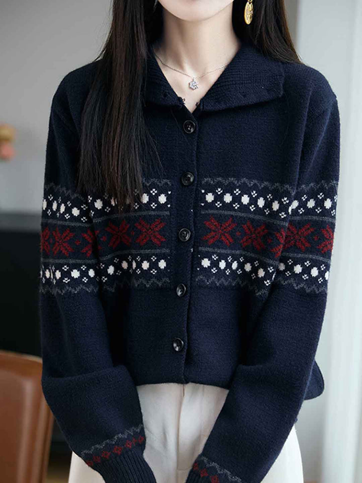 Natalie Retro Turtleneck Jacquard Knitted Cardigan