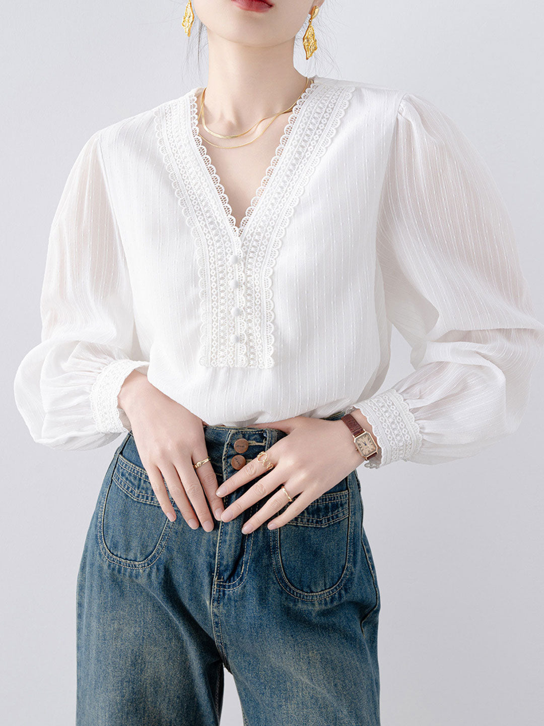 Natalie Retro V-Neck Lace Hollowed Blouse