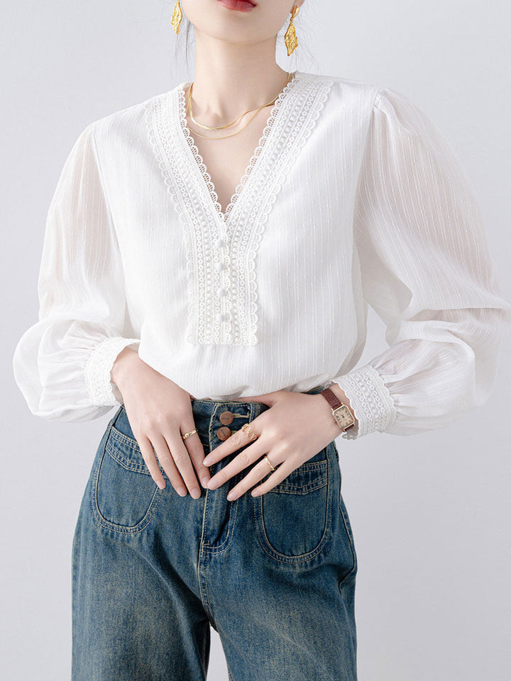 Natalie Retro V-Neck Lace Hollowed Blouse