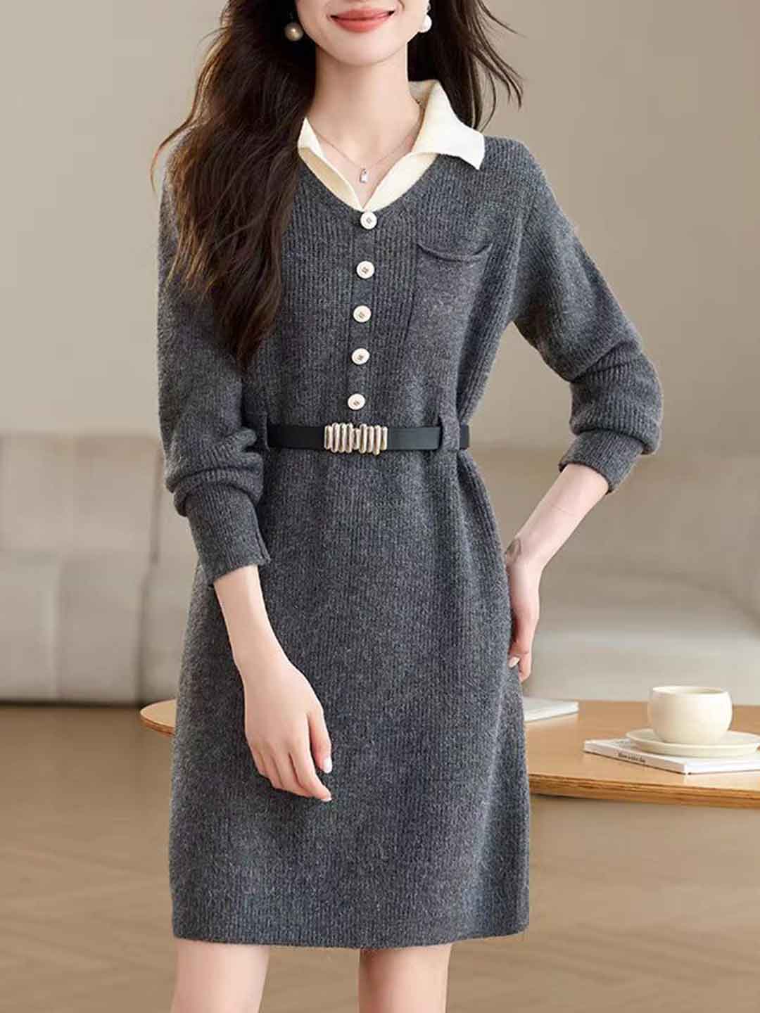 Julia Elegant Lapel Knitted Dress