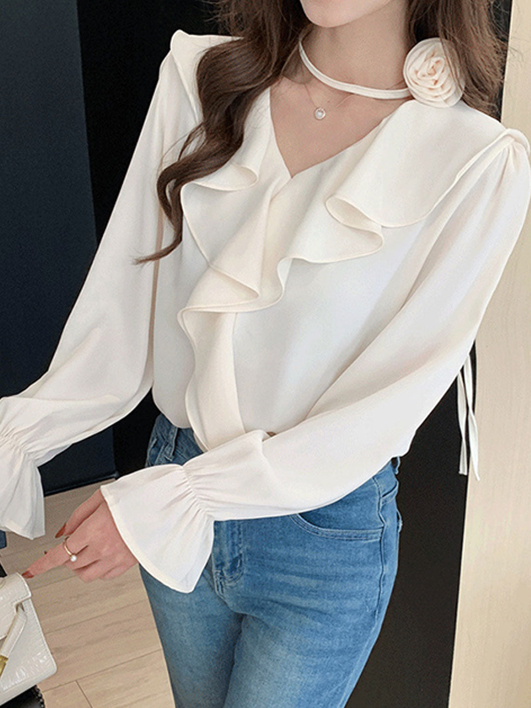 Molly Daily V-Neck Flared Sleeve Ruffle Shirt