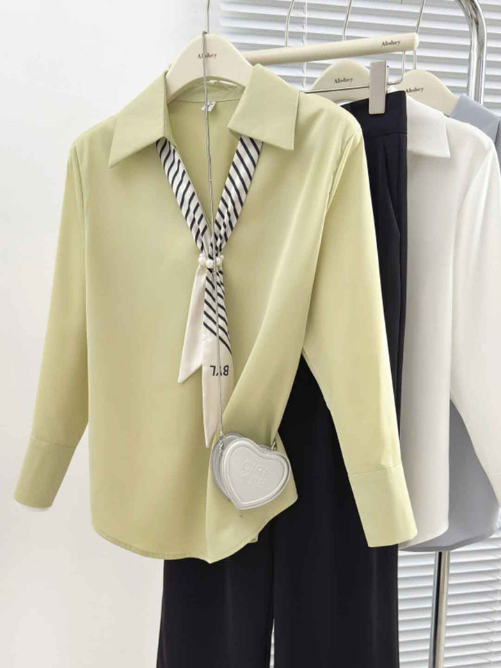 Olivia Lapel Solid Color Satin Ribbon Shirt