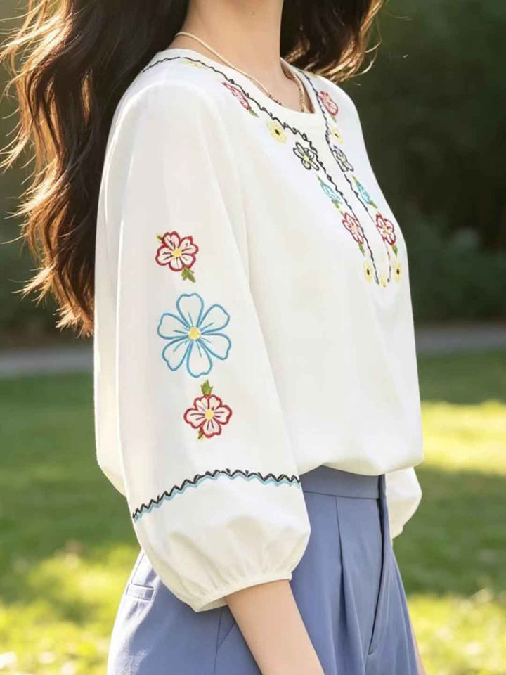 Madison Loose Crew Neck Latern Sleeve Embroidered Top