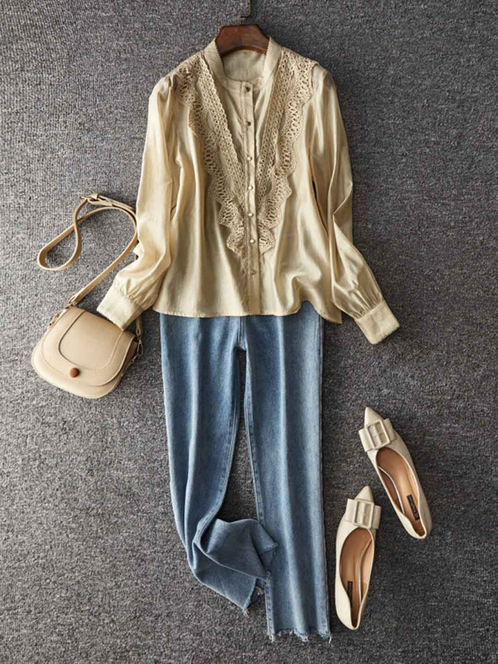 Evelyn Classic Stand-Up Collar Lace Trim Top