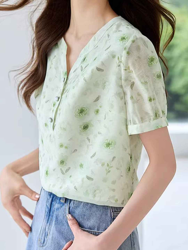 Madison Casual Puff Sleeve Floral Chiffon Blouse