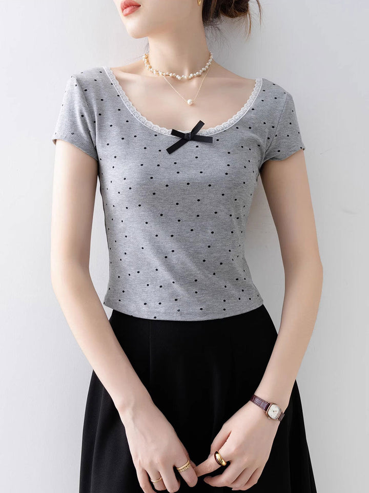 Molly Classic Square Neck Polka Dot Lace Bow Top
