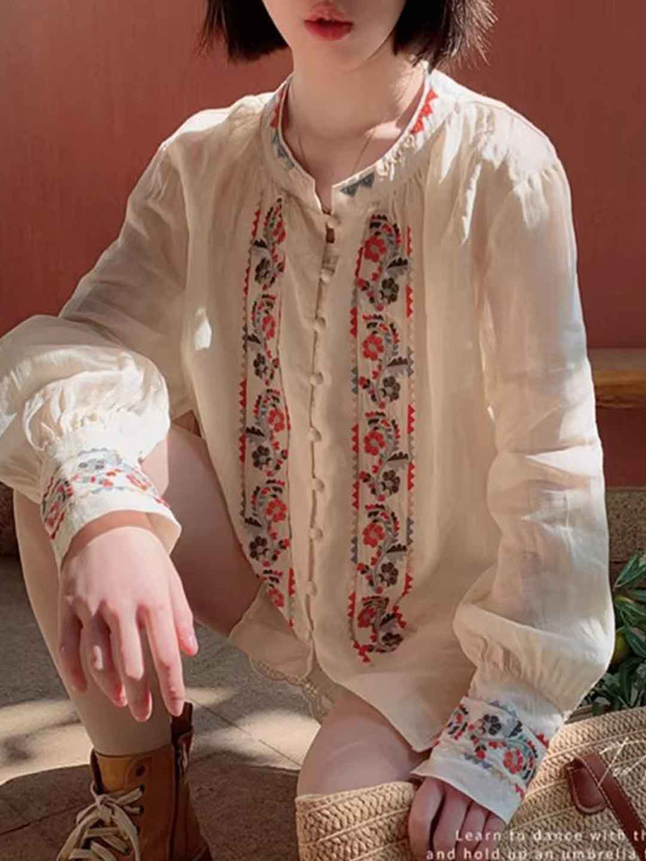 Jasmine Loose Crew Neck Lantern Sleeve Embroidered Top