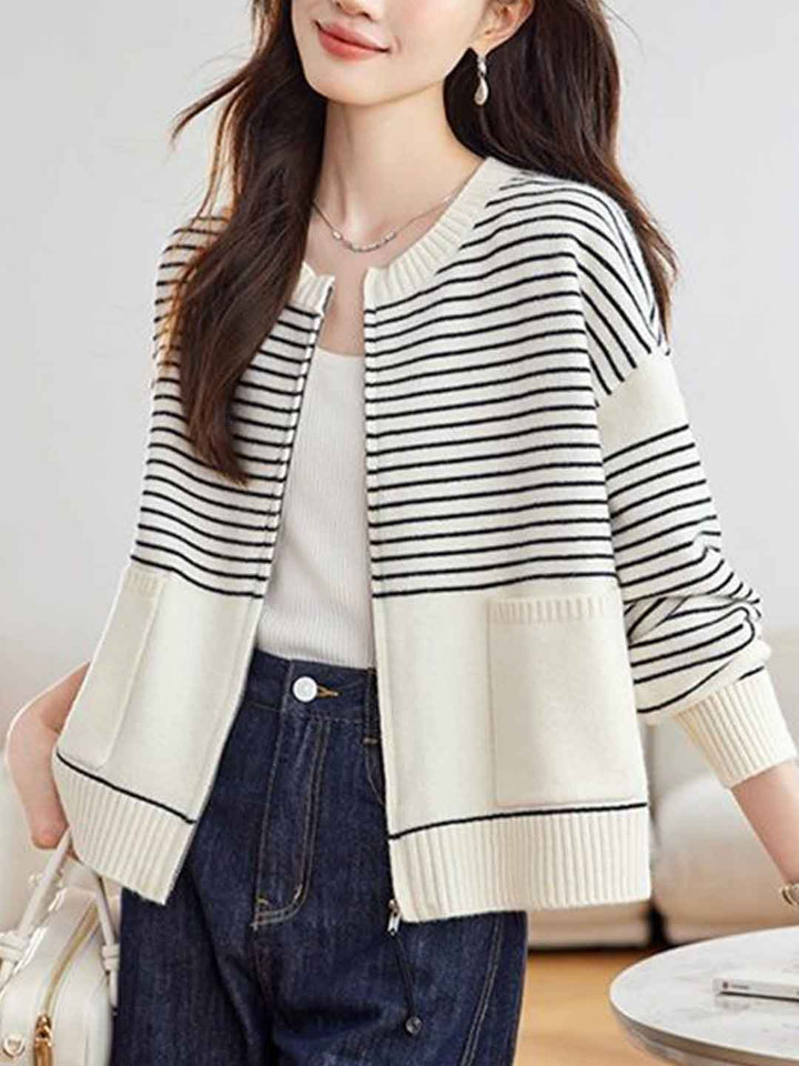 Ava Casual Crew Neck Striped Knitted Cardigan