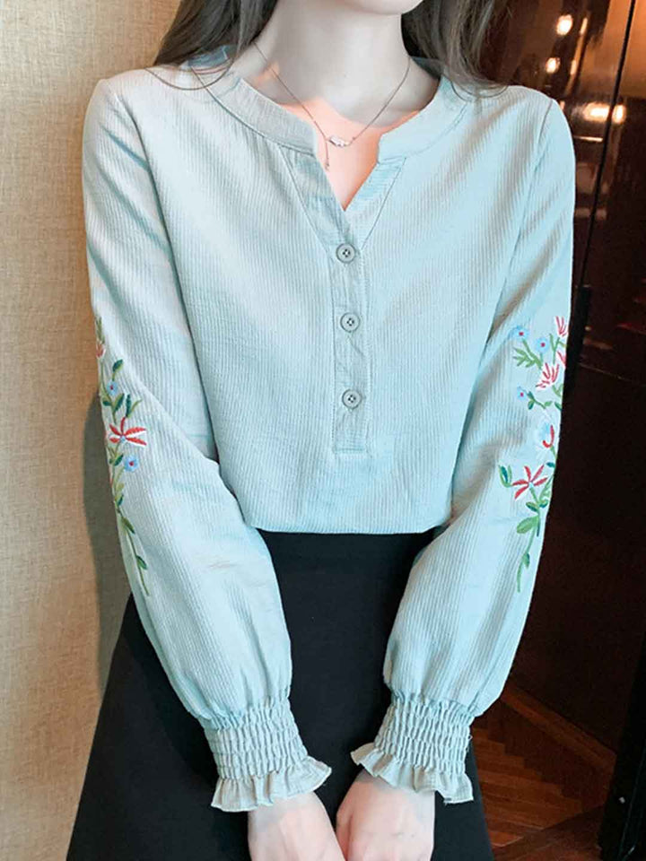 Abigail Classic V-Neck Lantern Sleeve Embroidered Top