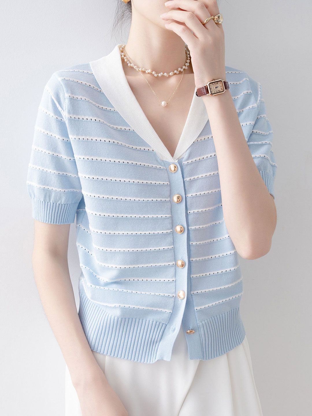 Hannah Loose V-Neck Hollowed Knitted Top